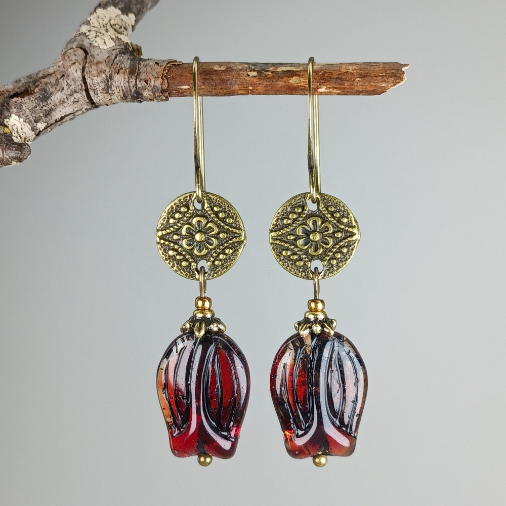 HAND CRAFTED Red Artisan Glass Flower Rustic Brass Dangle Earrings - Picture 3 of 6